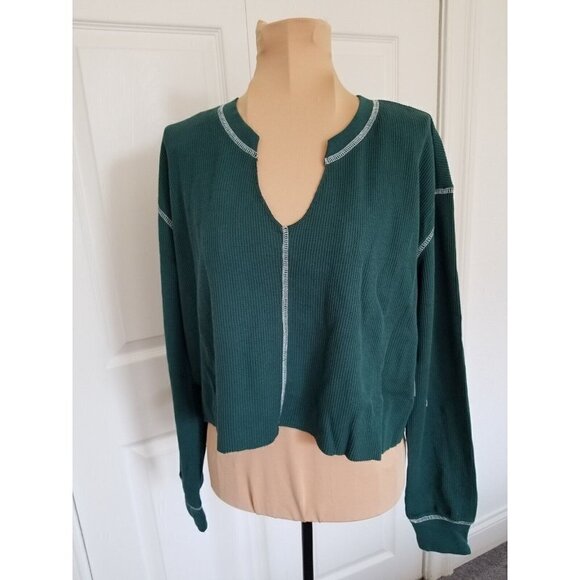 BP Women's Split Neck OSR Cropped  Thermal Knit Henley Shirt Green Moss Size S - Picture 1 of 7